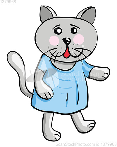 Image of A grey-colored cartoon cat in a blue dress vector or color illus