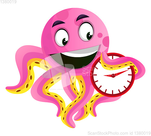 Image of Octopus holding a clock illustration vector on white background