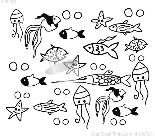 Image of A beautiful black and white doodle art of various marine animals