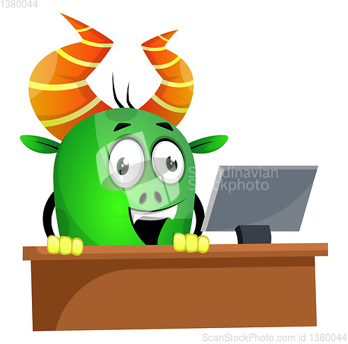 Image of Monster browsing on computer, illustration, vector on white back