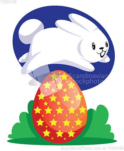 Image of White easter rabbit jumping over red egg illustration web vector