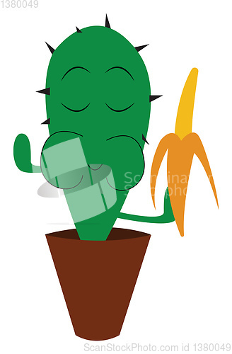 Image of Funny clipart of a cactus plant emoji enjoying banana as it hold