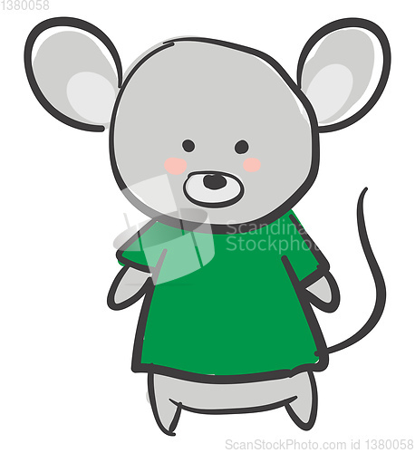 Image of Drawing of a grey mouse in a green t-shirt vector or color illus