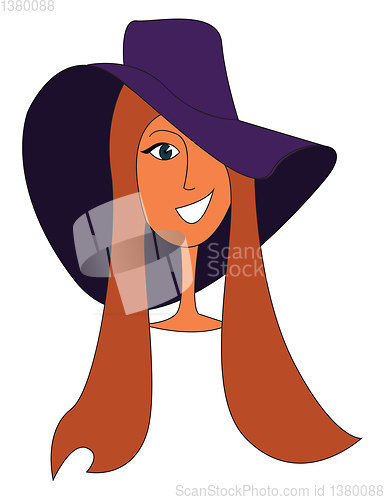 Image of Woman wearing big purple hat illustration print vector on white 