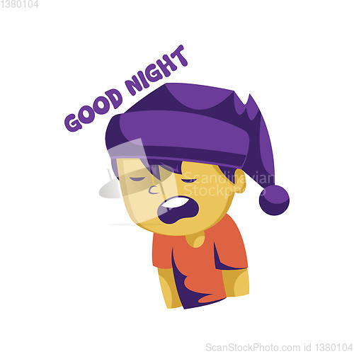 Image of Sleepy yellow boy with purple sleeping hat saying Good night vec