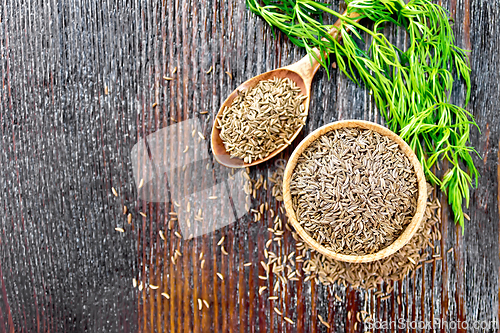 Image of Cumin seeds in bowl and spoon with herbs on board top