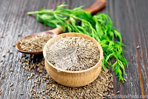 Image of Cumin seeds in bowl and spoon with herbs on dark board