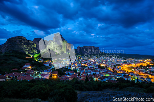 Image of Kalambaka village in famous tourist destination Meteora in Greece in night