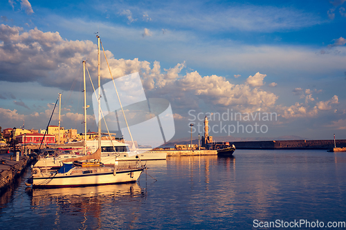 Image of Yachts and boats in picturesque old port of Chania, Crete island. Greece