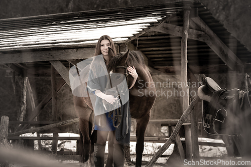 Image of A girl in a blue dress hugs a horse against the backdrop of a snow-covered canopy in the forest, muted colors