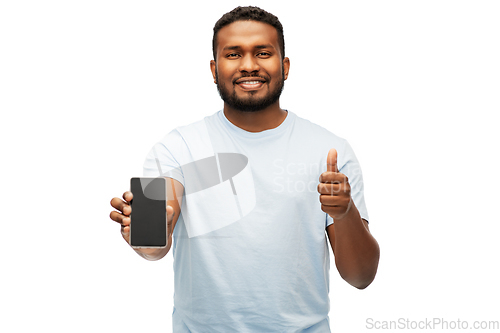 Image of happy african american man with smartphone