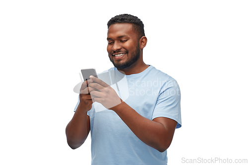 Image of happy african american man with smartphone