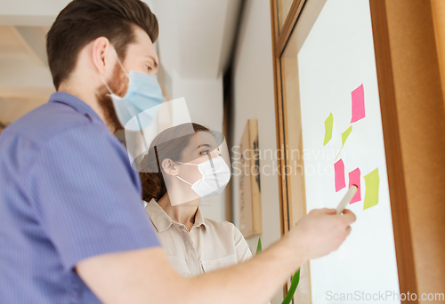 Image of team in masks with stickers on glass at office