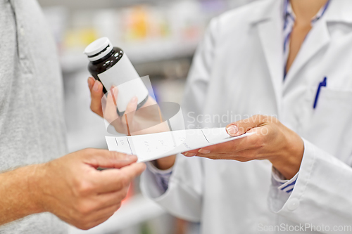 Image of pharmacist and customer with medicine at pharmacy