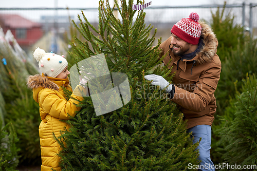 Image of happy family choosing christmas tree at market