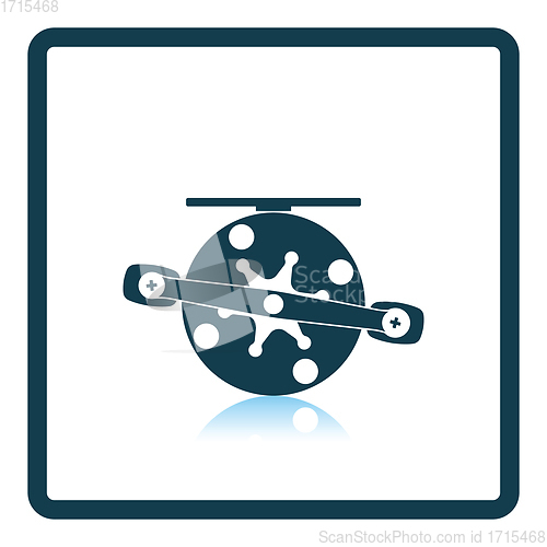 Image of Icon of Fishing reel  on gray background, round shadow