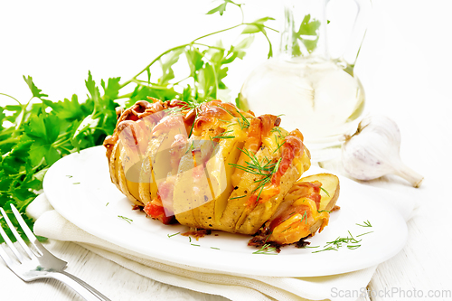 Image of Potatoes puff bacon in plate on white board