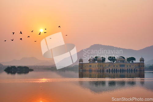 Image of Tranquil morning at Jal Mahal Water Palace at sunrise in Jaipur. Rajasthan, India