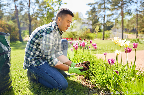 Image of man pouring soil to flowers at summer garden