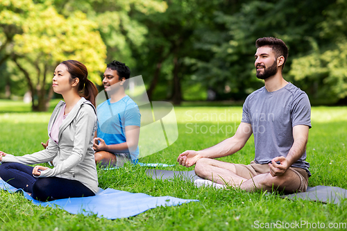 Image of group of happy people doing yoga at summer park