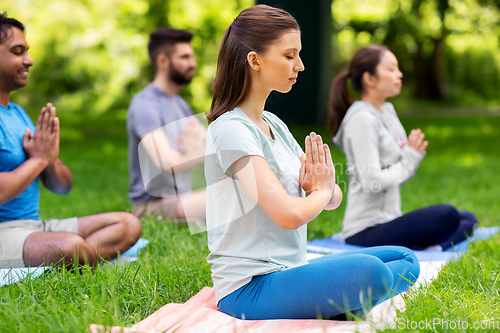 Image of group of happy people doing yoga at summer park