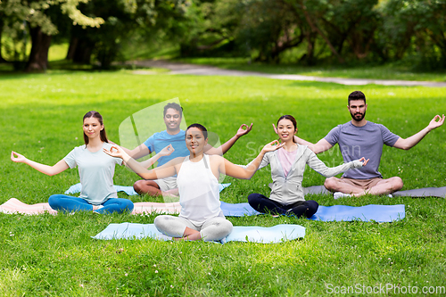 Image of group of happy people doing yoga at summer park