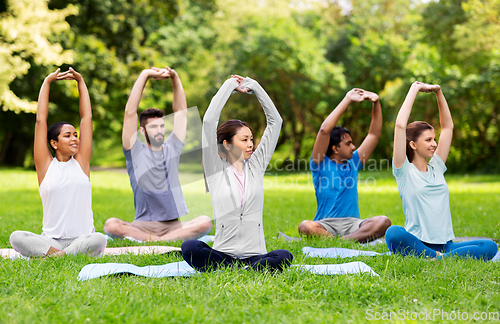 Image of group of happy people doing yoga at summer park