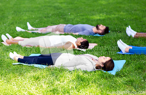 Image of group of people doing yoga at summer park