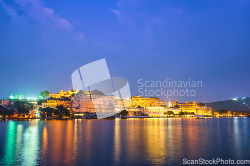 Image of Udaipur City Palace in the evening view. Udaipur, India