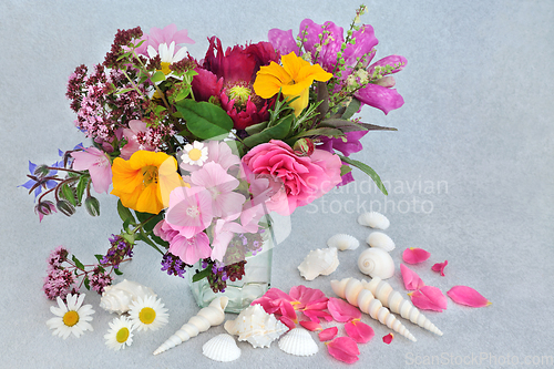 Image of English Summer Flower Arrangement and Seashell Composition