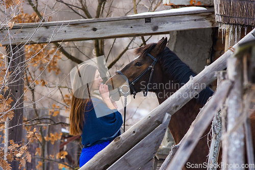 Image of Portrait of a happy girl hugging a horse, the girl joyfully looks at the horse
