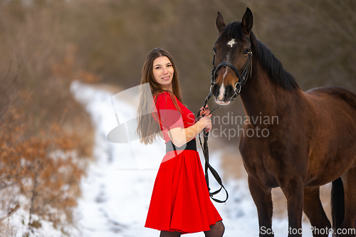 Image of A beautiful girl in a red dress stands with a horse on the background of a winter road