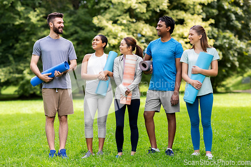 Image of group of happy people with yoga mats at park