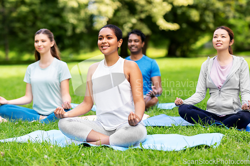 Image of group of people doing yoga at summer park