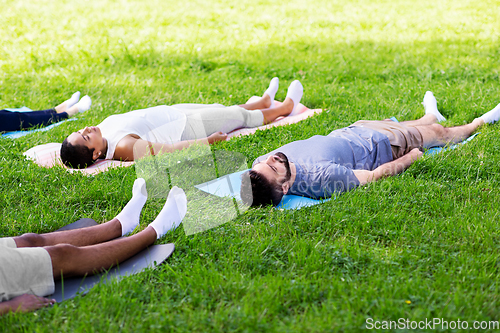 Image of group of people doing yoga at summer park