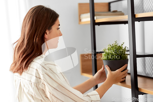 Image of woman decorating home with flower or houseplant