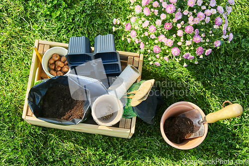 Image of garden tools in wooden box and flowers at summer