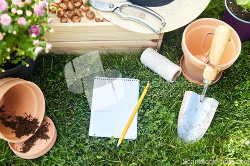 Image of garden tools, wooden box and flowers at summer