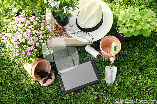 Image of tablet pc, garden tools and flowers at summer