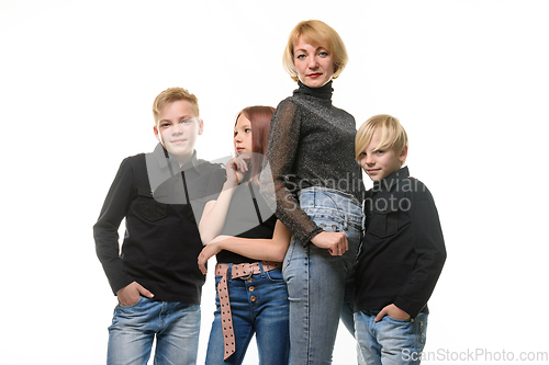 Image of Mom and three children, two boys and a girl, isolated on a white background
