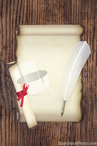 Image of Parchment Paper Scroll with White Feather Quill Pen  