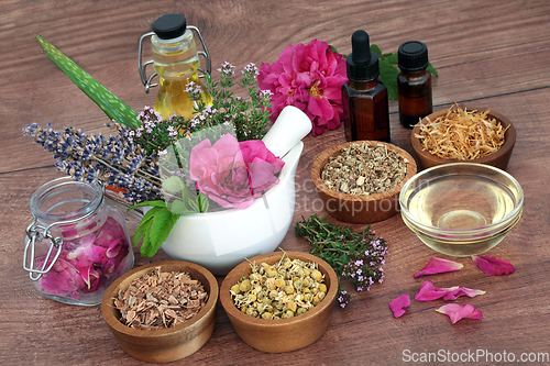 Image of Alternative Medicine with Herbs and Flowers for Skincare 