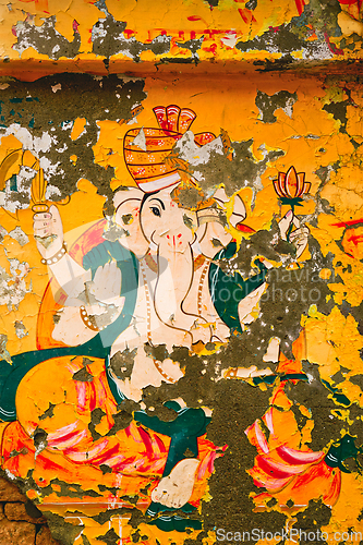 Image of Ganesha Indian Hindu god image painted on wall