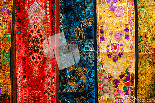 Image of Indian fabric with Indian patterns close up.