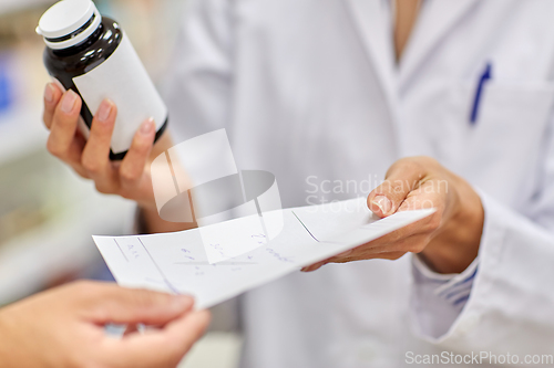 Image of pharmacist and customer with medicine at pharmacy