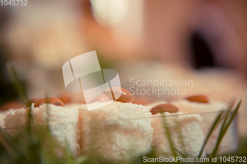 Image of sweets on the wedding table. Vintage color.