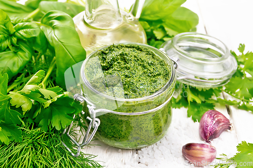 Image of Sauce of spicy greens in jar on white board