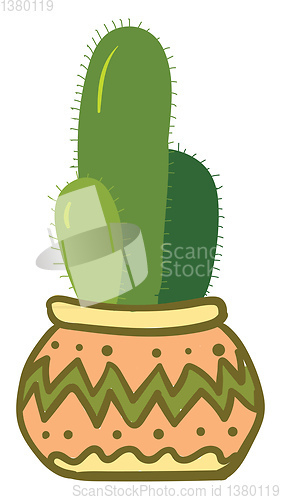 Image of Three linear-shape cacti in a beautiful decorated earthen pot pr