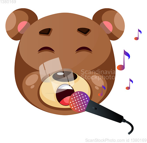 Image of Cute brown bear singing karaoke, illustration, vector on white b