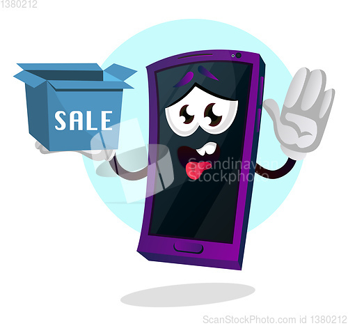 Image of Mobile emoji with a sale sign illustration vector on white backg